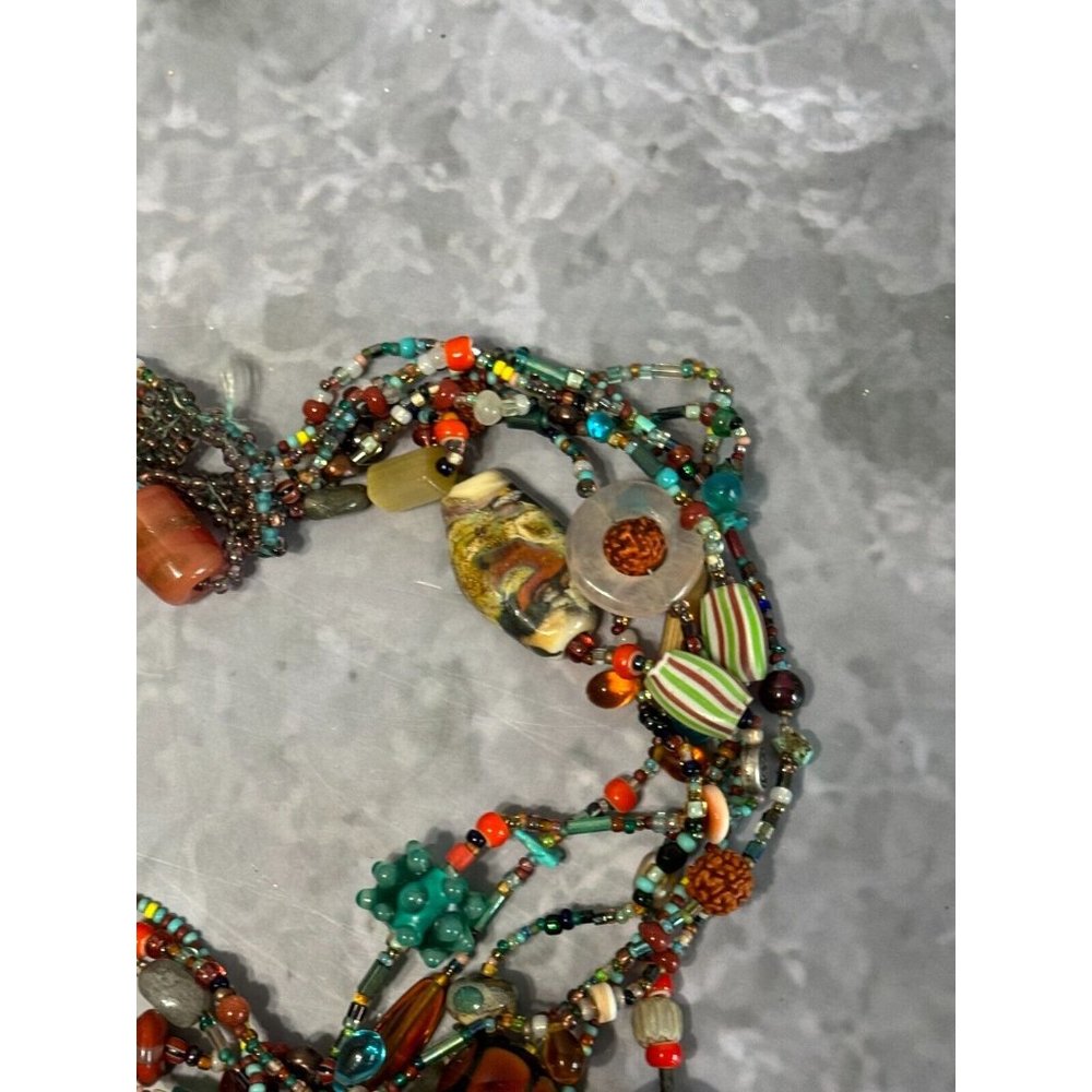 Vintage Multistrand Lampwork Veneitan Murano Beaded Necklace w/Hamsa Talisman - Picture 10 of 11